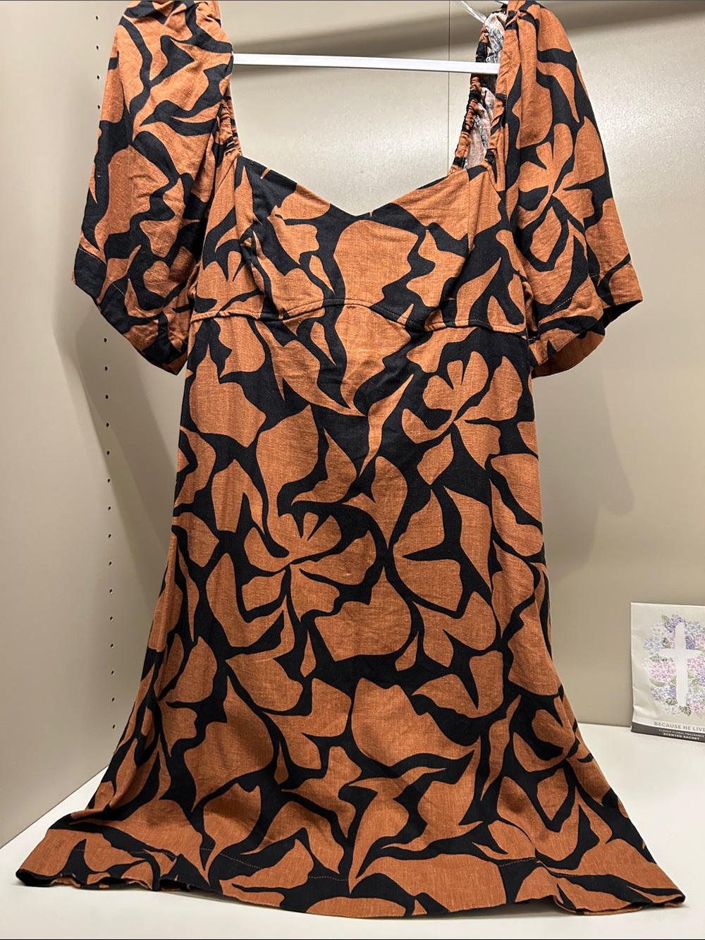 A New Day Puff Sleeve Black & Rust Brown Linen Blend Dress Size Large
